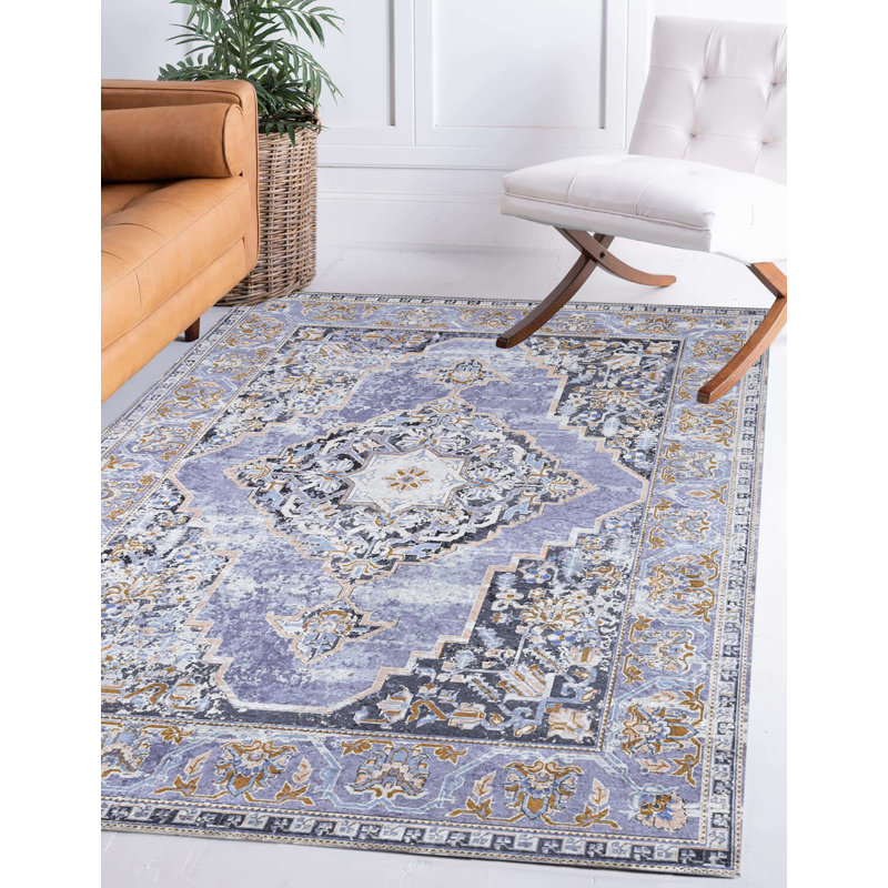 Tapis lavande et ivoire tissé à plat à la machine Emanuel , Rectangle 5 pi x 7 pi