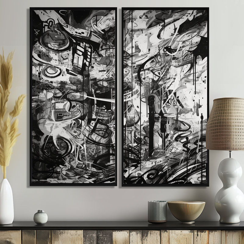 Graffiti noir et blanc cosmique II - grandes impressions géométriques sur toile 2 pièces, Impression encadrée flottante, Noir