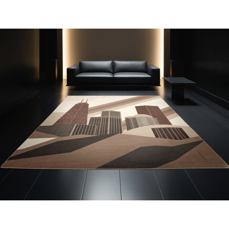 Tapis géométrique beige et moderne lavable à la machine Paxon, Rond 8 pi