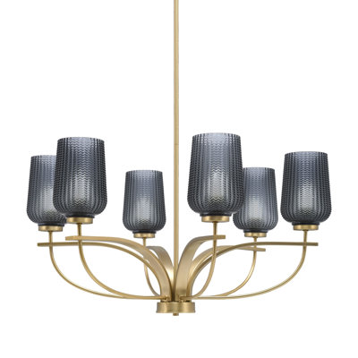 Lustre à 6 lumières verticales Unia présenté en finition New Age avec verre texturé fumé de 5 po