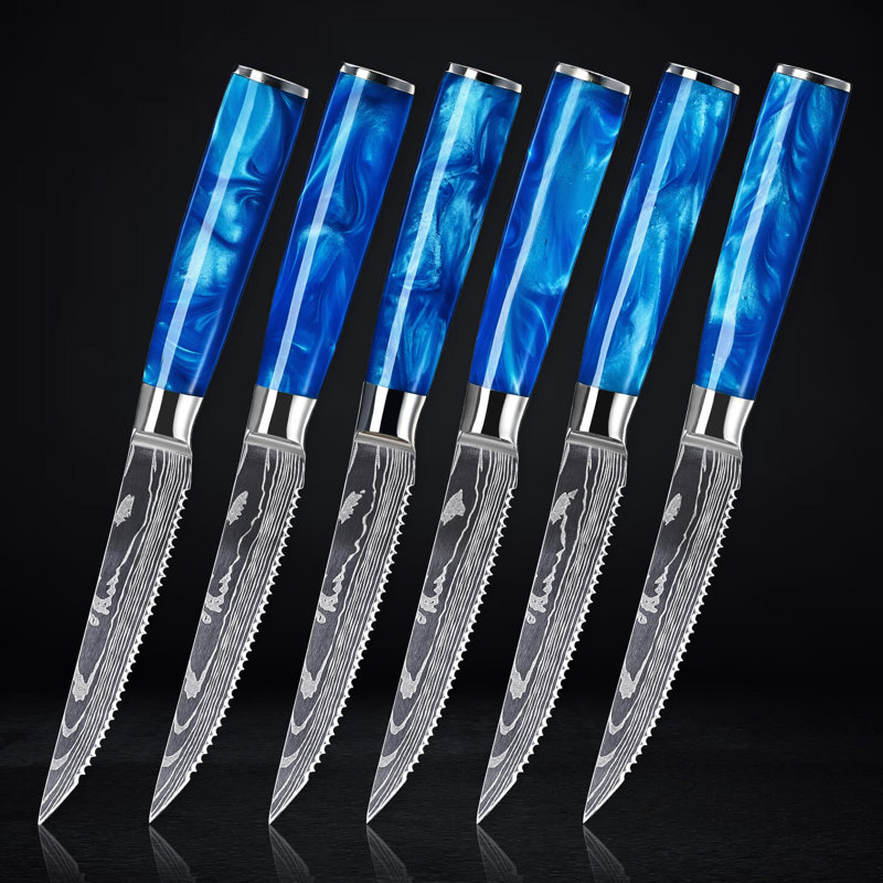     Ensemble de couteaux à steak en acier inoxydable à haute teneur en carbone 6 pièces «Cerulean» Senken Knives avec motif de lame damas et poignées en résine époxy
