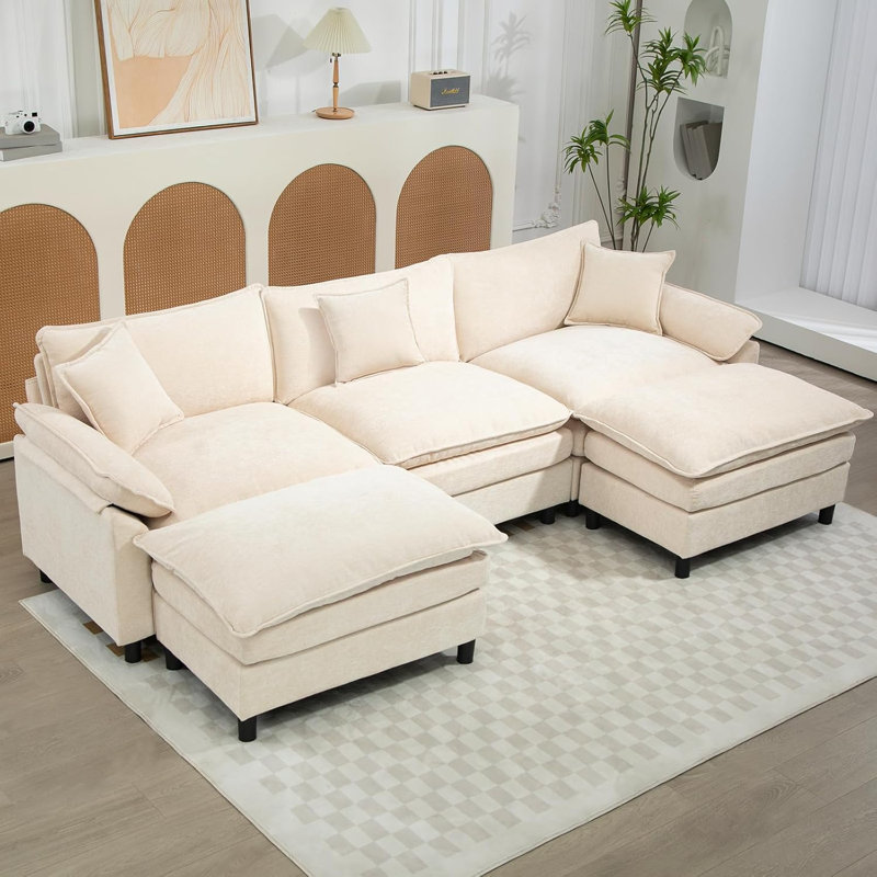 Upholstered U-Shape Sectional With Two Ottomans, Beige Chenille, 34.6" H x 111.8" W x 57.8" D