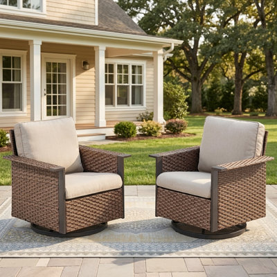 Patio Furniture Set of 2, Outdoor Brown Wicker Swivel Rocking Chairs, Patio Glider Chairs with Beige Cushions and Wide Armrest for Porch, Deck, Balcony