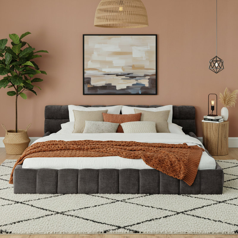 King Size Upholstered Bed Frame with Thick Chenille Fabric, Dark Gray