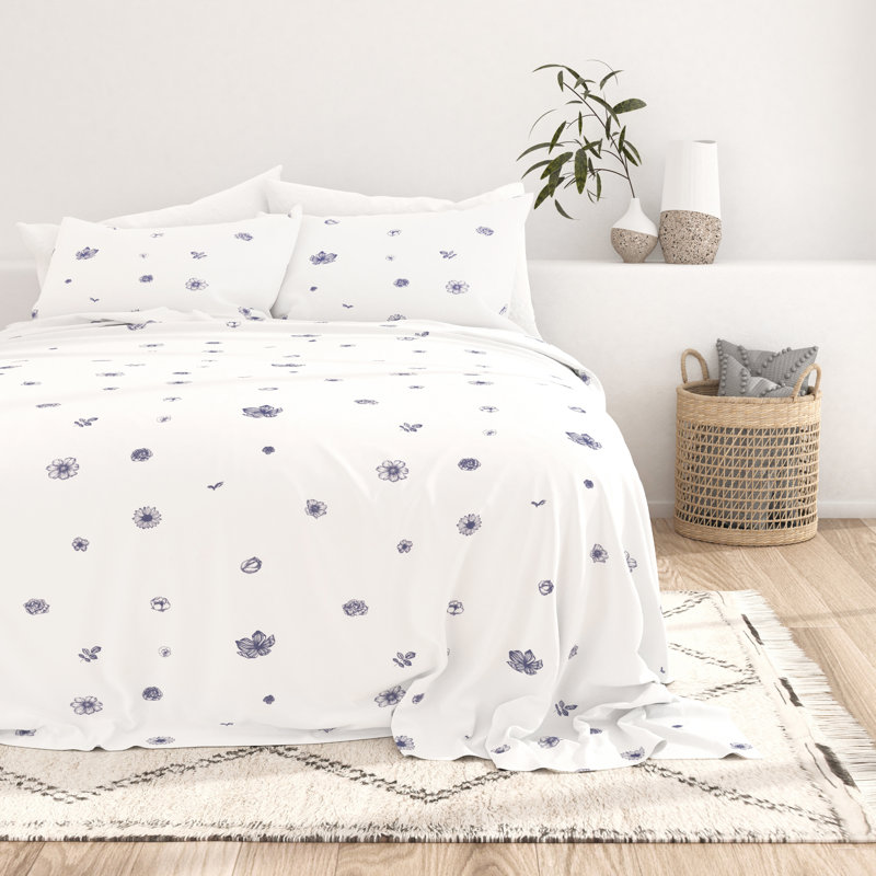 King Size Navy Floral Print Microfiber Sheet Set