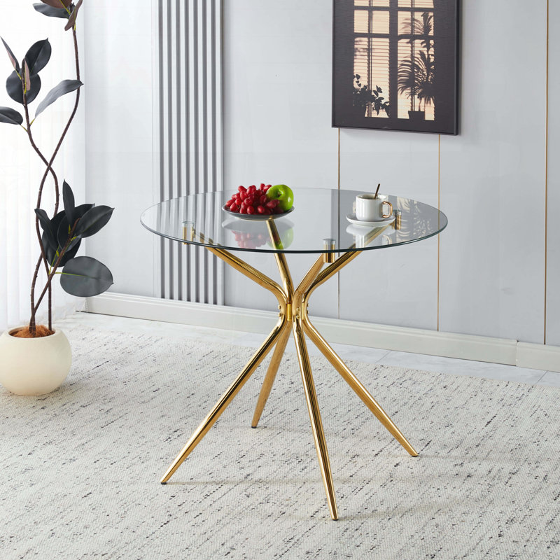 Table de salle à manger avec pieds en métal chromé et verre trempé - moderne, Doré