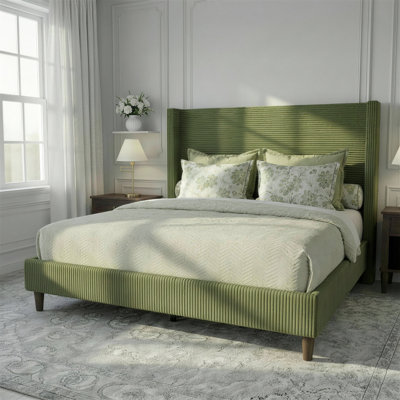 Queen Size Upholstered Platform Bed Frame, 56" High Headboard Wingback Bed, Fully Upholstered Mattress Foundation, No Box Spring Needed No Noise