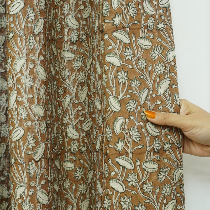 Brown Block Print Blackout Linen Eyelet Curtain Linen Drapes for Elegant Light Filtering Home Décor, 54" W x 45" L