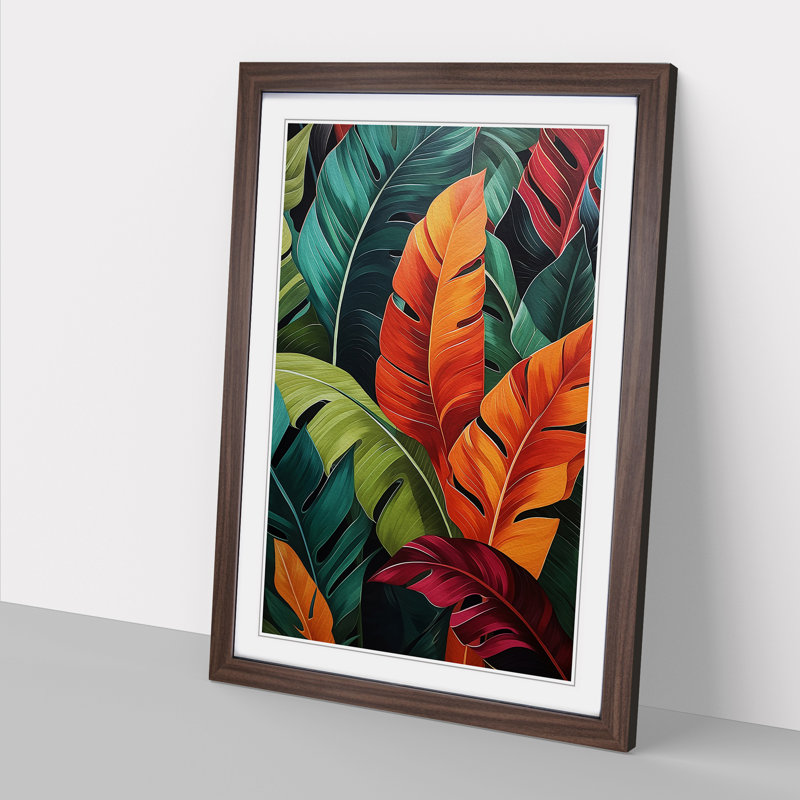 Tropical Leaf Hard Edge - Single Picture Frame Print on Wood, 46cm H x 34cm W, Walnut Framed