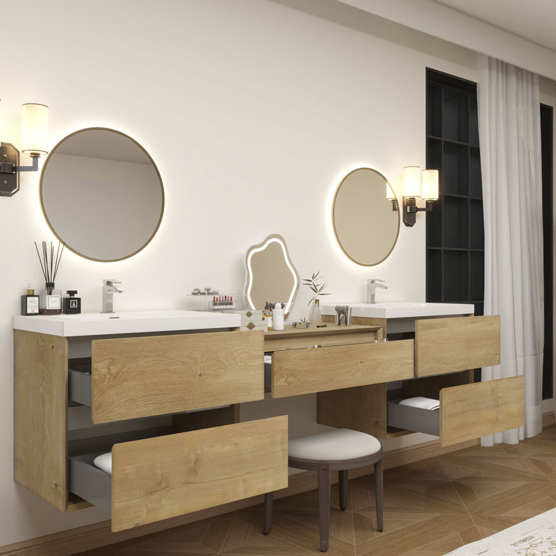 Meuble-lavabo mural 78 po avec évier en acrylique renforcé Aliki, Chêne