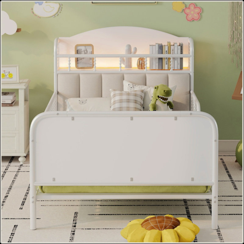 Structure de lit plateforme en métal avec lumière, lit en métal pour enfants avec tête de lit tapissier et rangement, Blanc