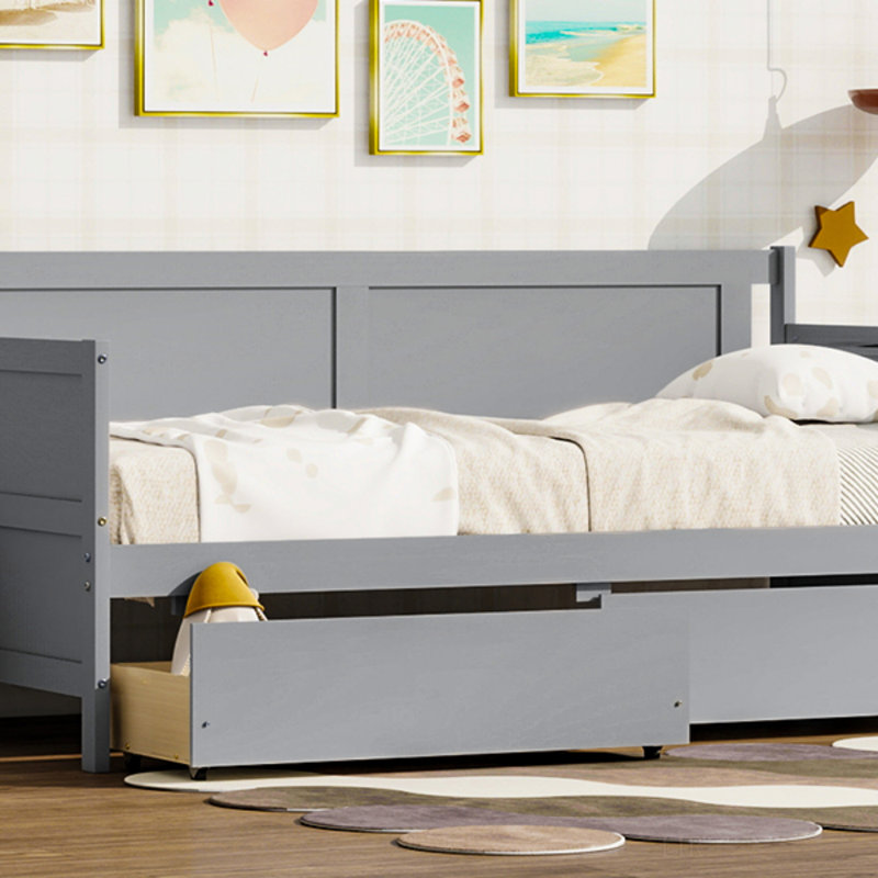 Twin Size Pine Wood Daybed With Two Storage Drawers, Easy Assembly, Gray