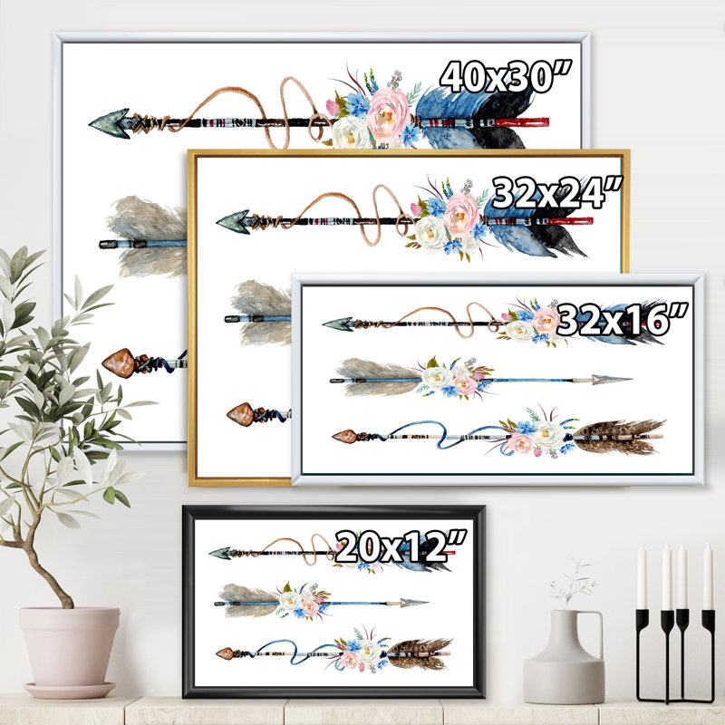 Plumes et fleurs sur des flèches indigènes - Peinture sur toile, H 30 po x l 40 po x 1,5 po, Cadre flottant noir