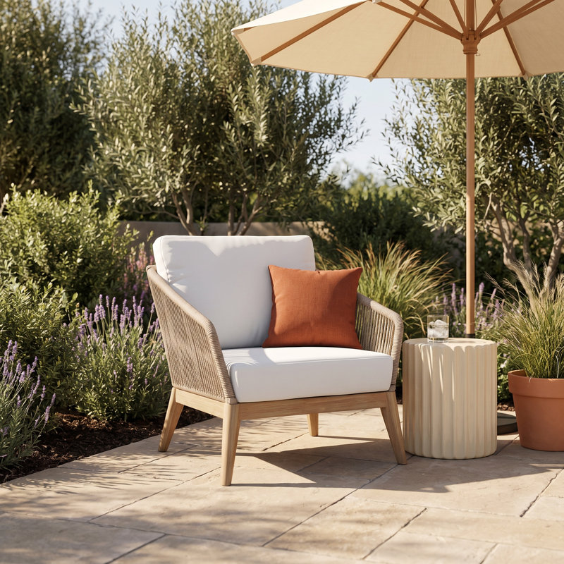 Bowery Acacia Wood Patio Lounge Chair with Cushion and Rope Weave Design Beige, Beige