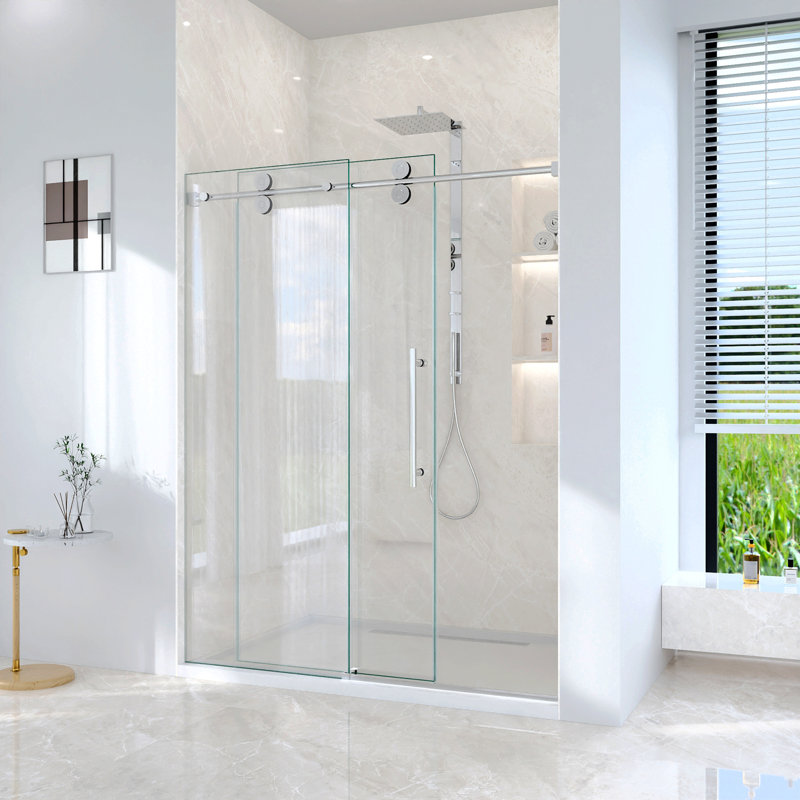Porte de douche coulissante simple sans cadre de 44 à 48 po x H 76 po - Verre trempé transparent de 5/16 po (8 mm), conception à dérivation