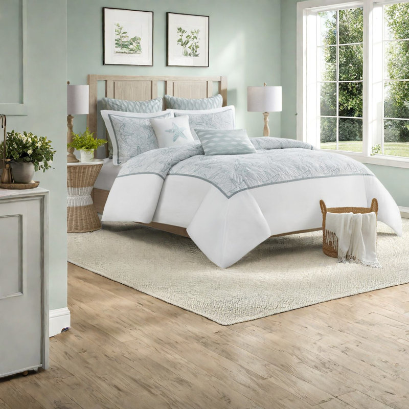 Ensemble de literie 100% coton d'inspiration côtière, double / grand, housse de couette brodée avec taies décoratives