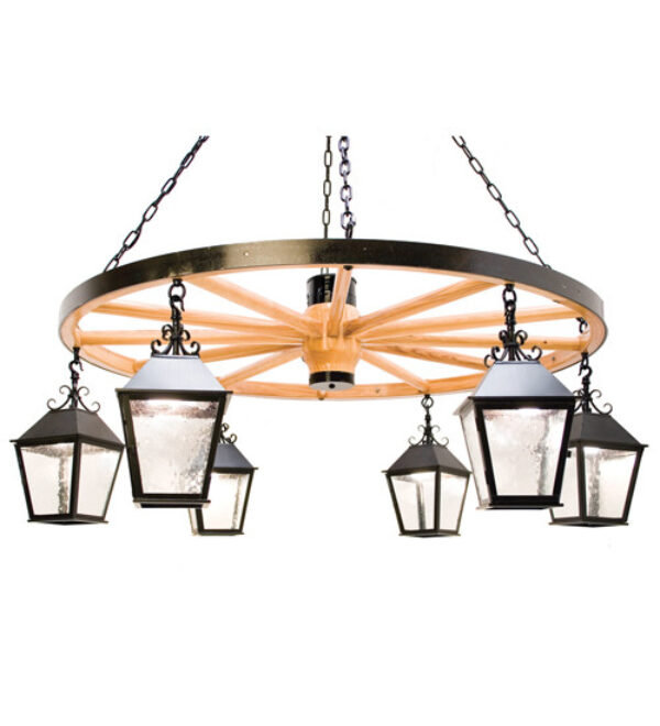 Lustre en roue de chariot à 6 lumières avec abat-jour, Épice cajun, Nouveau Mica