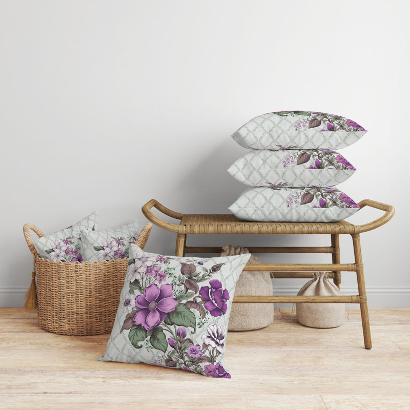 Floral Square Cushion, 41cm H x 41cm W, Green/Purple Floral