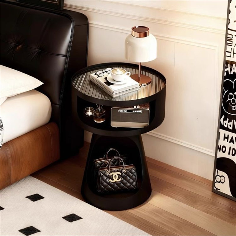 Round Modern Nightstand, Open Storage Bedside Table, Suitable for Bedroom Study, Steel Art Material.
