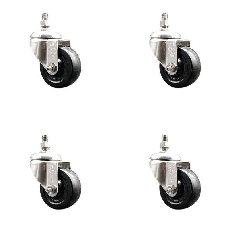 316SS Soft Rubber Wheel Swivel Threaded Stem Caster Set SCC