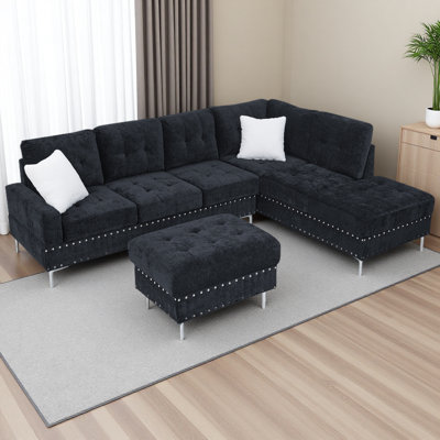 Canapé modulaire à 3 places avec méridienne réversible, repose-pieds avec rangement, pieds en métal et clous en cuivre, deux coussins blancs