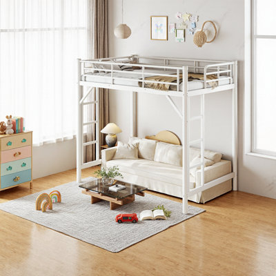 Metal Loft Bed with Easy Climbing Ladder and Guardrails