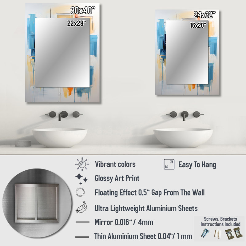 Laundry Abstract Reflections II - Laundry Mirror, Blue Decorative Wall Mirror, Printed Metal Art, 32" x 24"