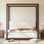 Grand lit plateforme à baldaquin en bois avec tête de lit tapissier, structure espresso, mobilier de chambre en tissu blanc