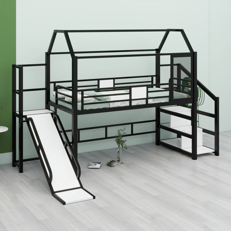 Metal House Loft Bed With Slide,Stairs And Storage Shelves, Black