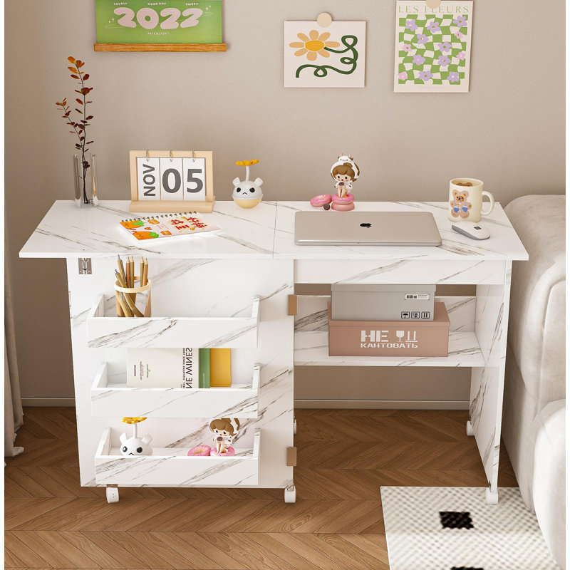 4-In-1 Folding Sewing Table With Lockable Wheels – Multi-Functional Craft Station, End Table, Computer Desk & Kitchen Storage With Shelves, White Rolling Sewing Machine Table For Apartments