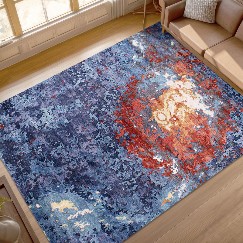 Tapis gris anthracite et bleu noué à la main de haute qualité, Rectangle 6 pi x 9 pi