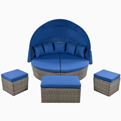 Lit de jour d'extérieur en rotin avec lit escamotable en osier, ensemble de canapé modulaire extérieur