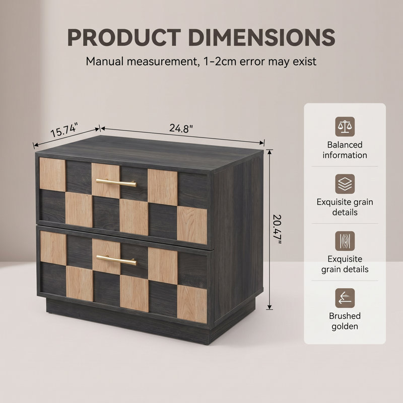 Table de chevet à damier à 2 tiroirs de 63 cm de large