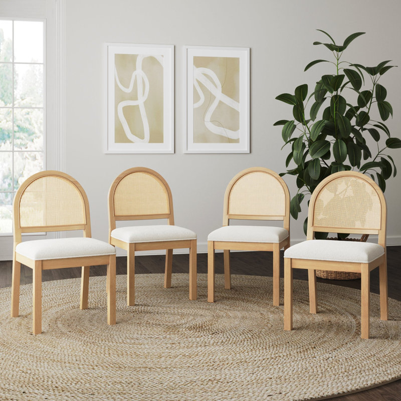 Ensemble de 4 tabourets courts rembourrés avec dossier en rotin tissé Boucle, Crème / pin chaud, 4