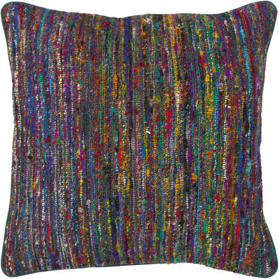 Jute & Wool Blend Removable Cover Pillow Throw Authentic Handmade Square Polyester Fill Multi Color Non-Reversible Textured Weave With Teal Cotton Backing