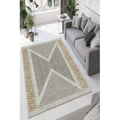 Eco-Friendly Area Rug (5.2 x 7.5 ft), Beige, Gold & Black | 100% Polyester, 650 g/m² | Antibacterial, Machine Washable, Non-Slip PVC Dot Underside, Digital Printed | Perfect for Living Room & Bedroom Decor