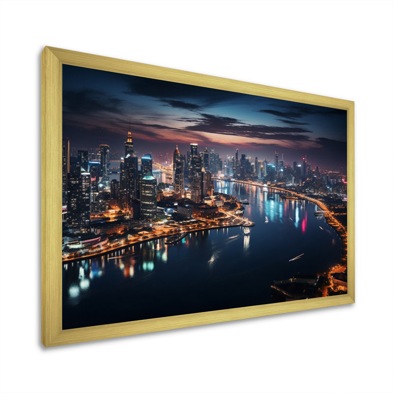 Thailande, paysage urbain, lueur I, Encadrement doré, H 16 po x l 32 po x P 1 po