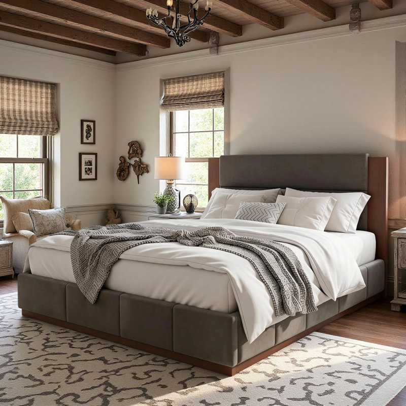 Lit plateforme tapissier moderne avec tête de lit haute et base en bois, sans sommier tapissier, Gris, Queen