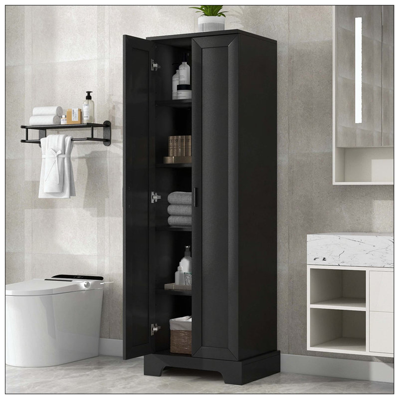 Two-Door Storage Cabinet Adjustable Shelf Bathroom Office, Black, 71.2" H x 16.9" W x 23.3" D