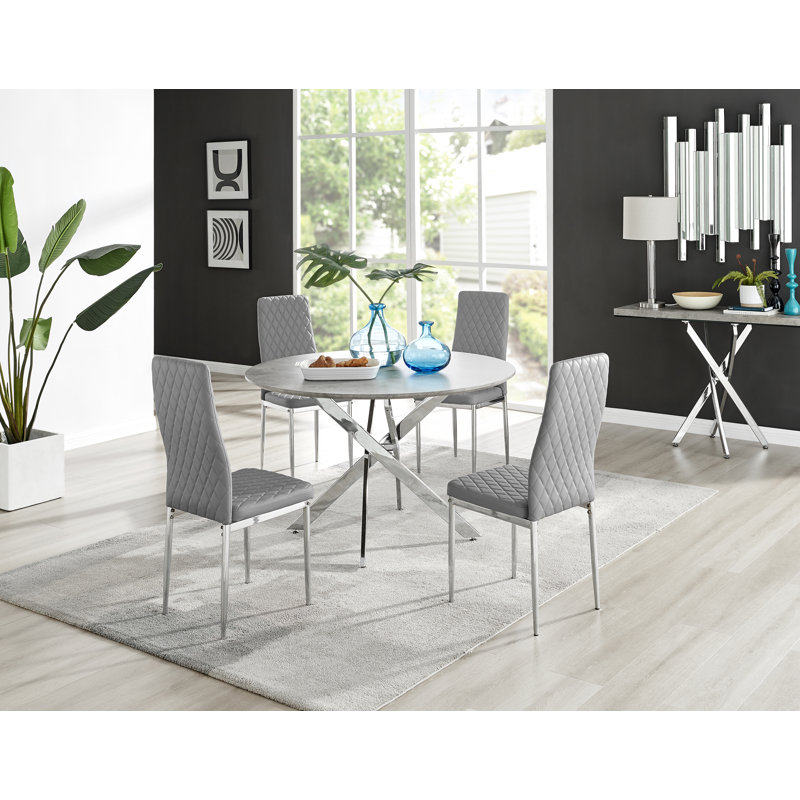 Tierra Modern Chrome Metal & Glass Round Dining Table Set with Quilted Faux Leather Chairs, 6, Grey/Chrome