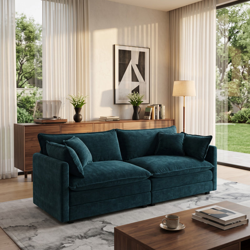 Haninerm Chenille Round Arm Loveseat, Blue, 2