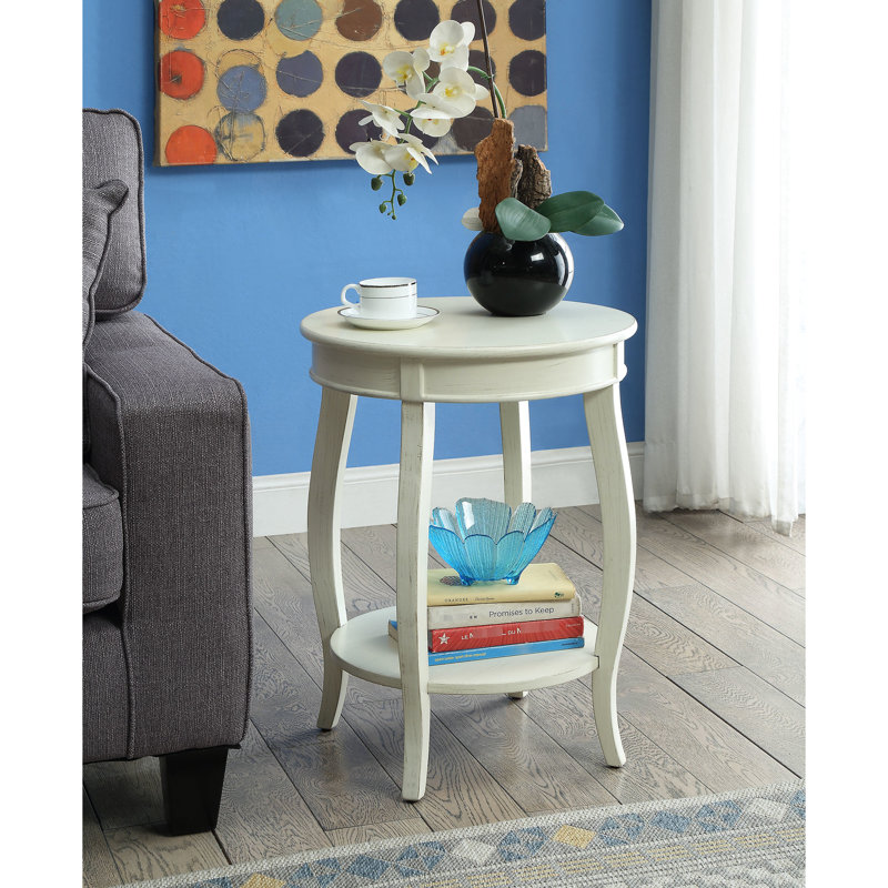 Table d'appoint antique avec rangement et tablette, Blanc antique