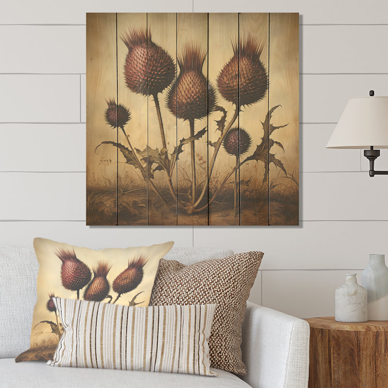 Retro Thistle Floral Charm I - Thistle On Wood Print, 30" H x 30" W