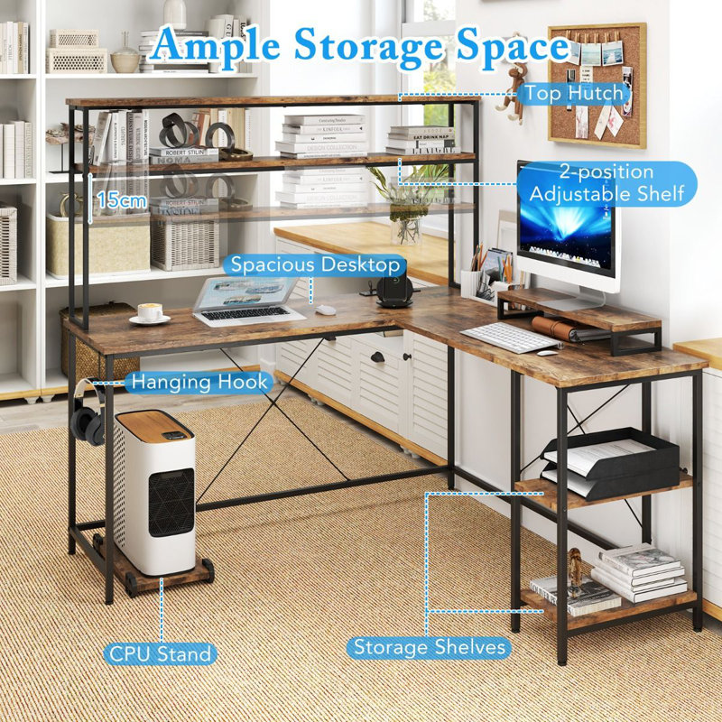 L-Shaped Computer Desk with Built-In Electrical Outlet