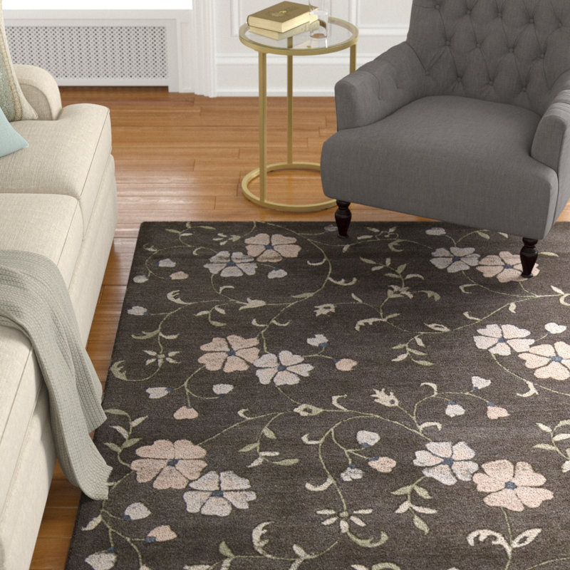 Oyler Floral Handmade Tufted Wool/Cotton Charcoal Indoor/Outdoor Area Rug, Rectangle 8' x 11'