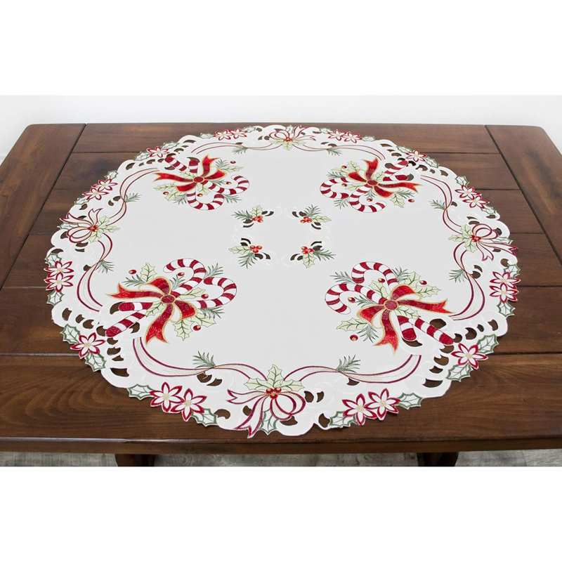 Julyus Candy Cane and Holly Leaves Round Doily, 33" Round