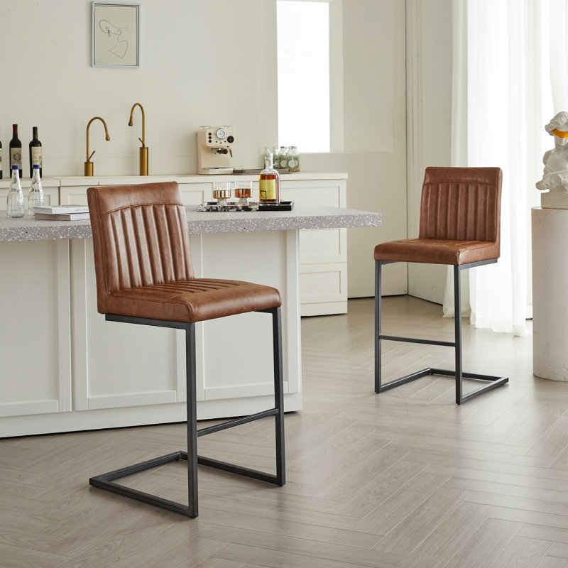Tabouret de bar en faux cuir avec dossier capitonné vertical, Orange