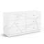 Commode large Oly, 6 tiroirs, conception géométrique, boutons chromés, blanc brillant