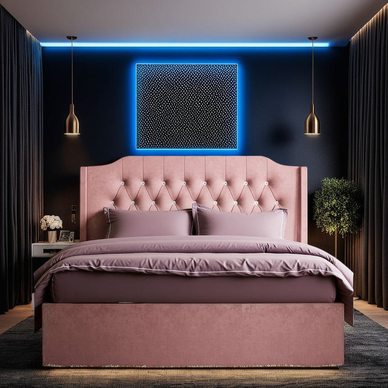 Structure de lit tapissier grand de luxe avec rangement à oreilles et rangement sous le lit, Rose