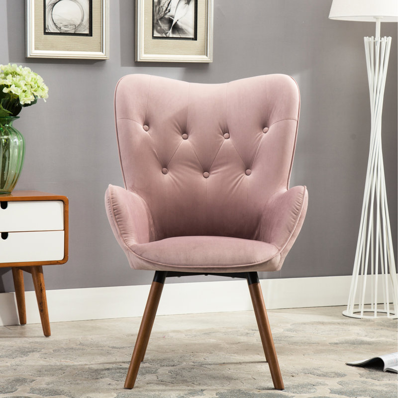 Chaise en velours mauve avec dossier à boutons, pieds en bois, siège à dossier moderne, pieds solides, contemporain, Mauve